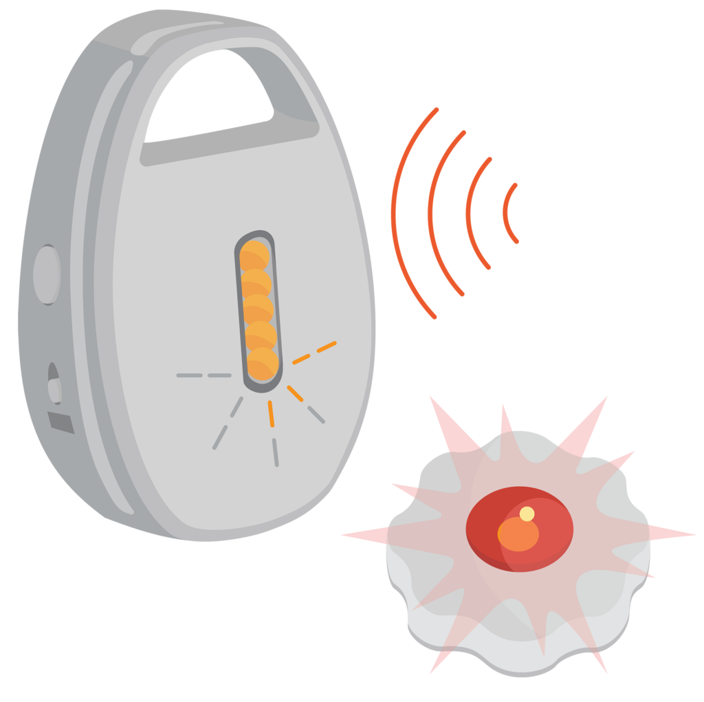 Illustration of alarm signallers. One with a vibration and one with a flashing light.