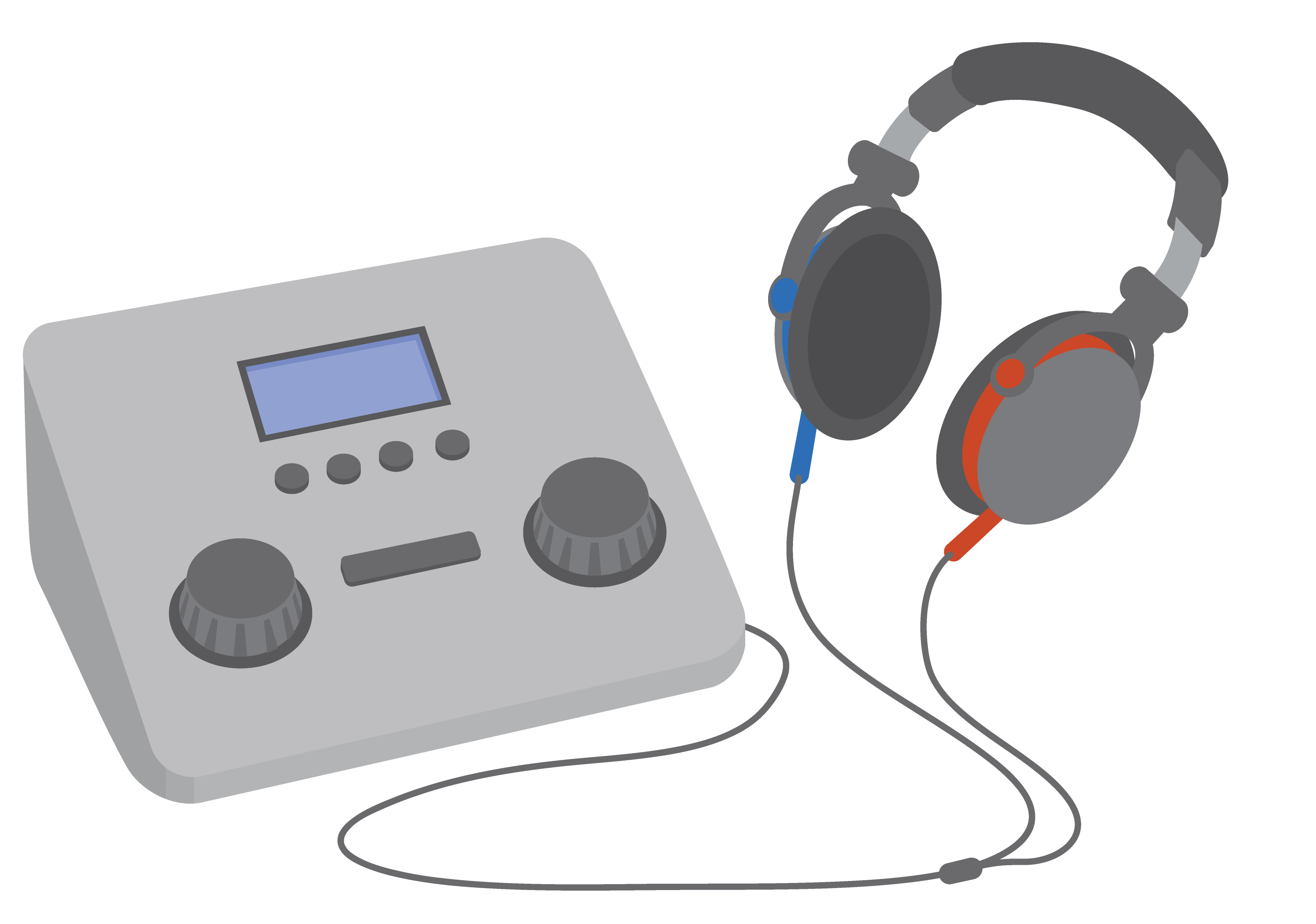 سماعت کی جانچ کا آلہ جس میں ڈائل، بٹن اور ہیڈفون منسلک ہوتے ہیں۔ ایک ہیڈفون دائیں کان کے لیے سرخ (red) ہوتا ہے اور دوسرا بائیں کان کے لیے نیلا (blue) ہوتا ہے۔