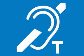Hearing loop symbol. An ear with an arrow through it and a T sign.