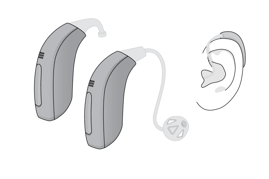Plastic case and ear hook attached to ear mould.