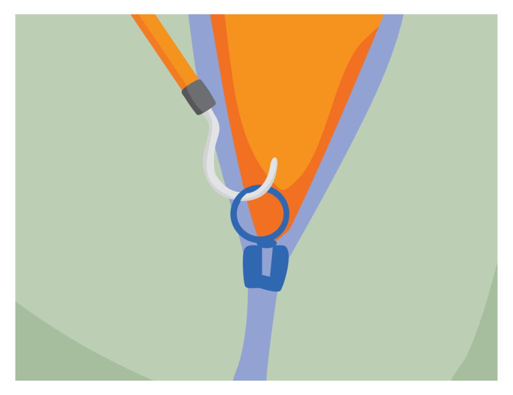 A person uses the c shaped hook on a dressing stick to do up a zip.