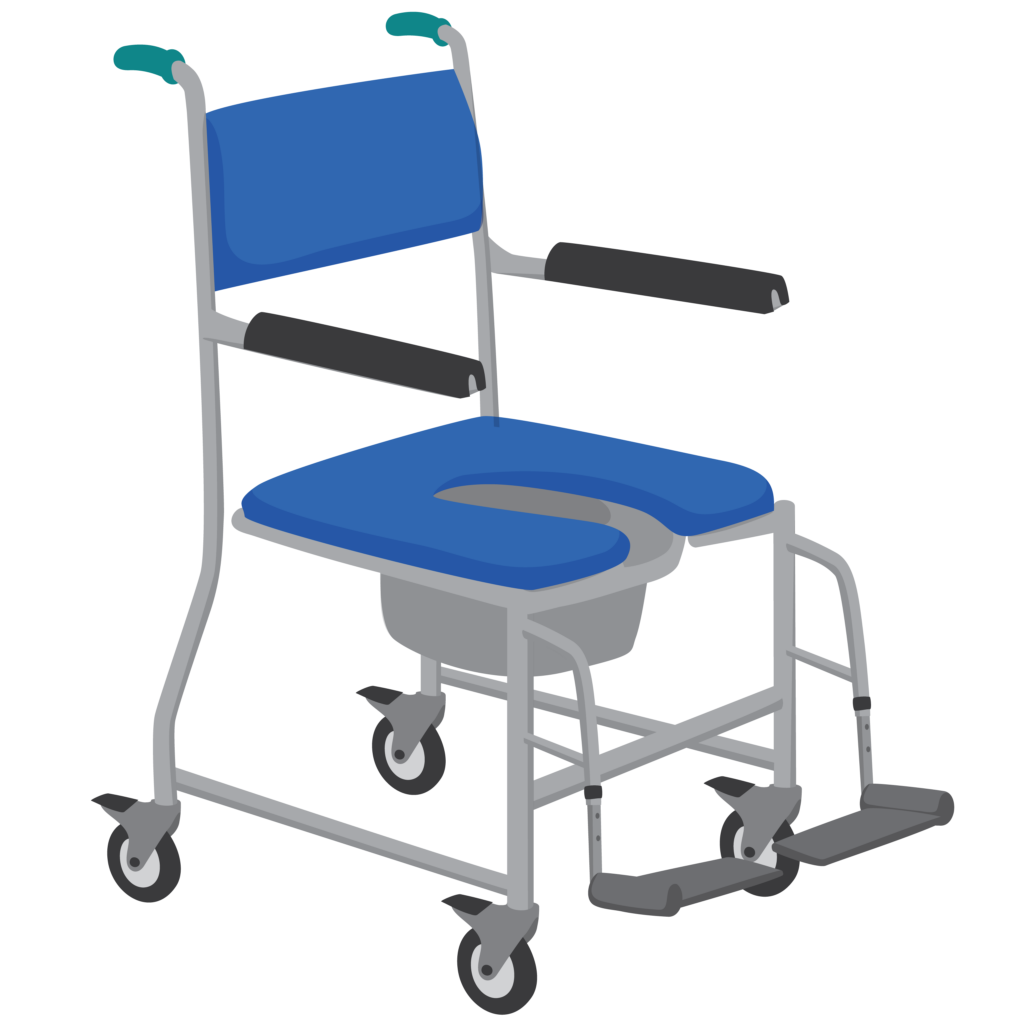 A padded chair with a cut out in the seat and a bucket attached underneath. It has push handles and castor wheels on the legs and footrests.
