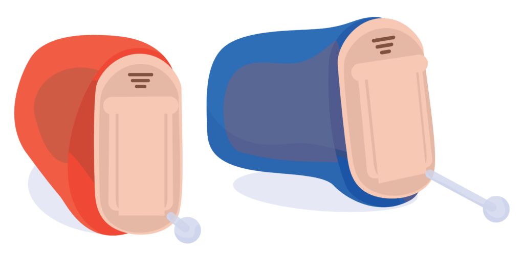 Colour coded small hearing aids surrounded in plastic case with small positioning stick.