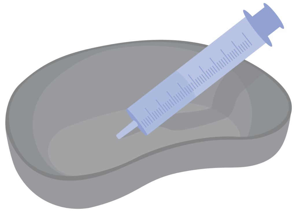 Syringe filled with clean water. The syringe is resting in a kidney-shaped dish.