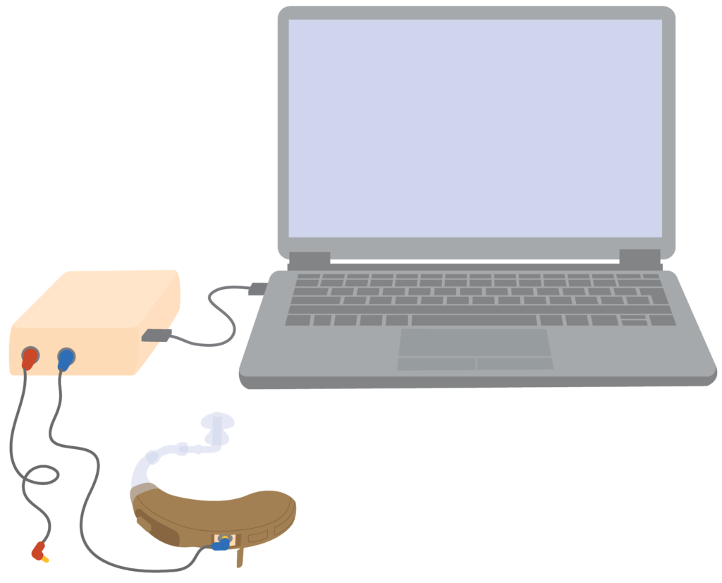 Programming set up for computer programmable hearing aids. A computer is connected to a hearing aid programmer (white box). This is connected to a hearing aid.