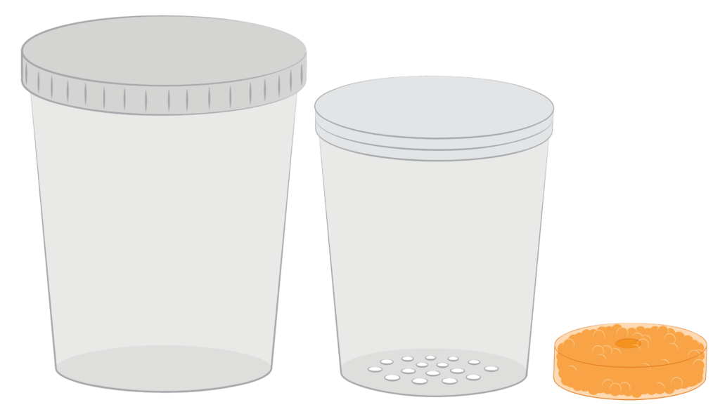 Three parts of a dehumidifier case. Outer plastic case with lid. Inner plastic container with holes in the bottom. Circular plastic shape with silica gel inside.