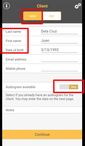 Hearing aid phone programming app, to input last name, first name, date of birth, and select yes for available audiogram.