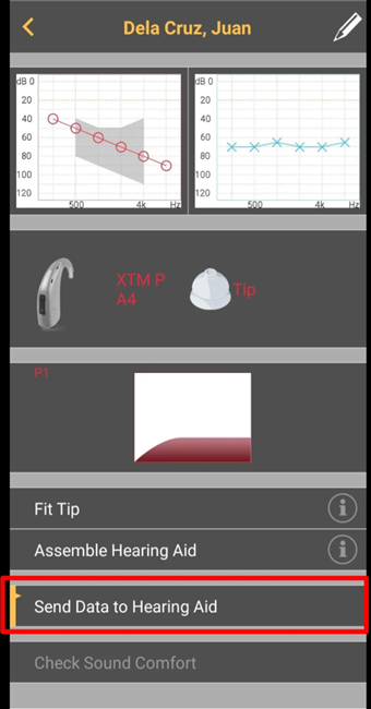 Hearing aid phone programming app, showing the selected hearing aid. ‘Send data to hearing aid’ is highlighted.
