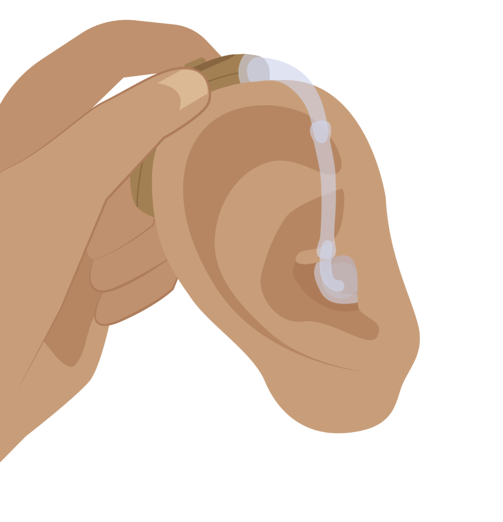A person’s left hand is placing a hearing aid behind the left ear. The earmould is inserted in the ear canal.