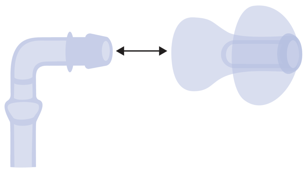 Earpiece is removed from the earmould tube. A horizontal arrow points in both directions between the tube and earpiece.