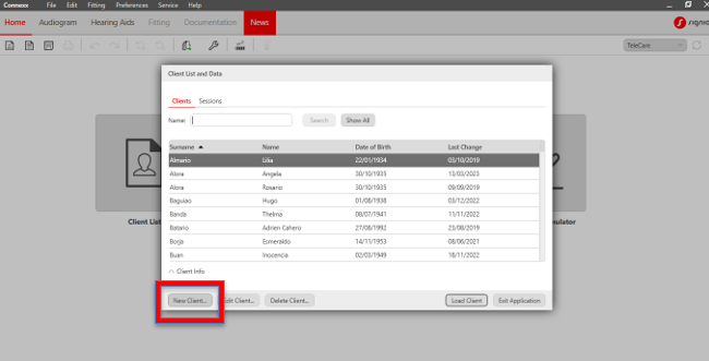 Computer programmable software screenshot with “New client” highlighted to input surname, first name, date of birth.