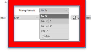 Computer programmable software screenshot with fitting formula and prescriptive formula automatically selected from drop down menu.