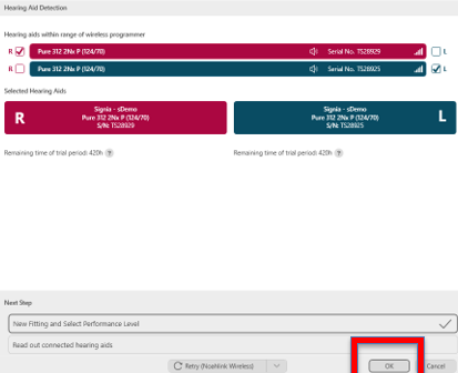 Computer programmable software screenshot with serial number for connected hearing aid highlighted on screen. “New fitting and select performance level and “OK” selected.