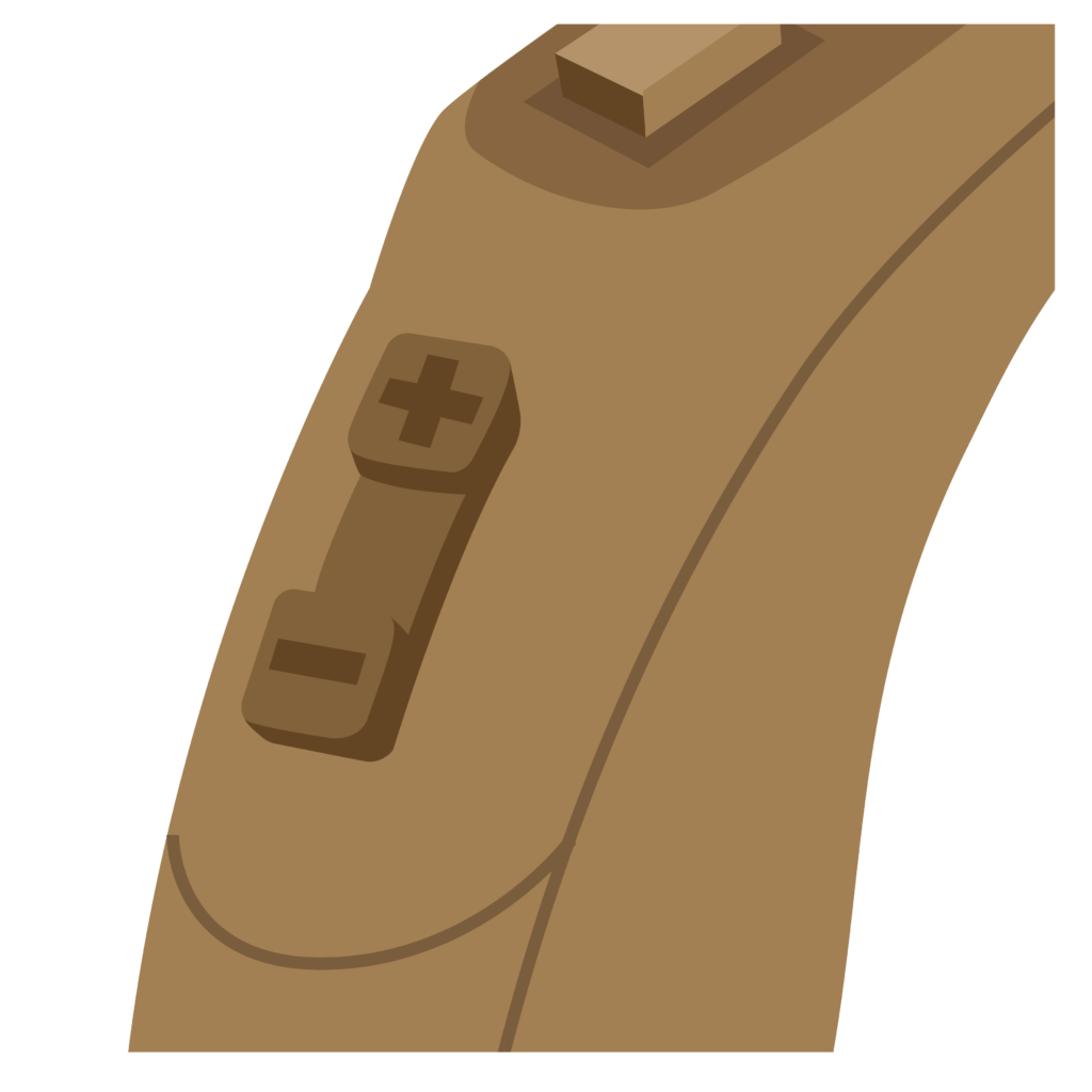 A switch sits on the plastic case of a hearing aid. There is a plus (+) sign at the top of the button and a minus (-) sign at the bottom.