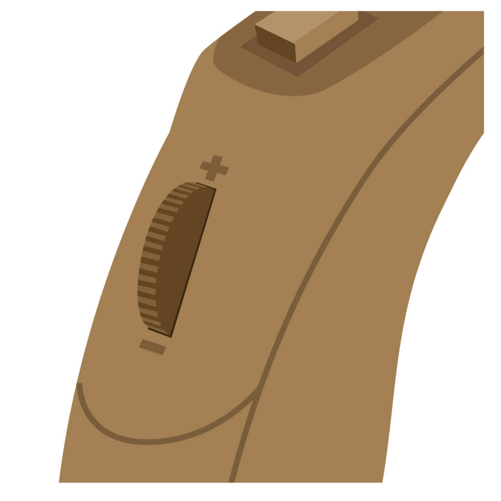 A wheel sits on the plastic case of the hearing aid. There is a plus (+) sign at the top of the and a minus (-) sign at the bottom of the wheel.