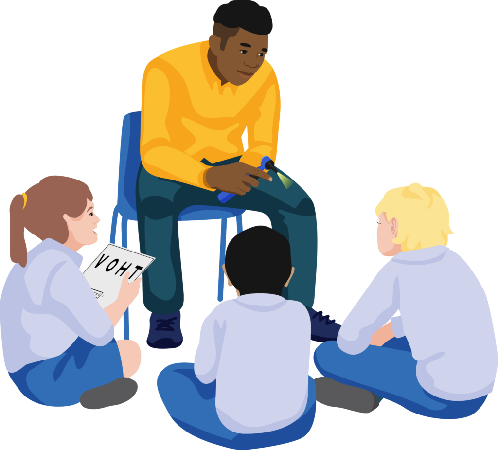 Screener sits on chair showing three seated children an otoscope with light turned on. One child has an HOTV chart in their hands.