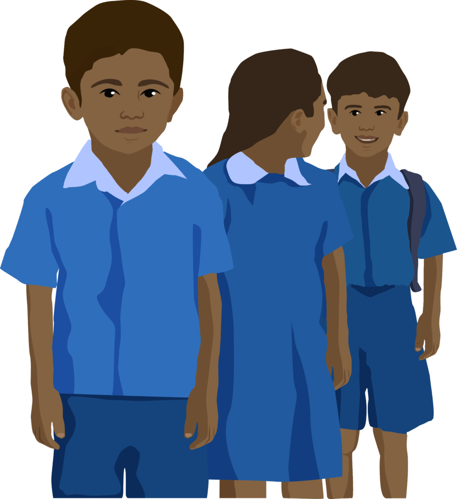 Three children standing in a line. One looks over their shoulder at the child standing behind them.