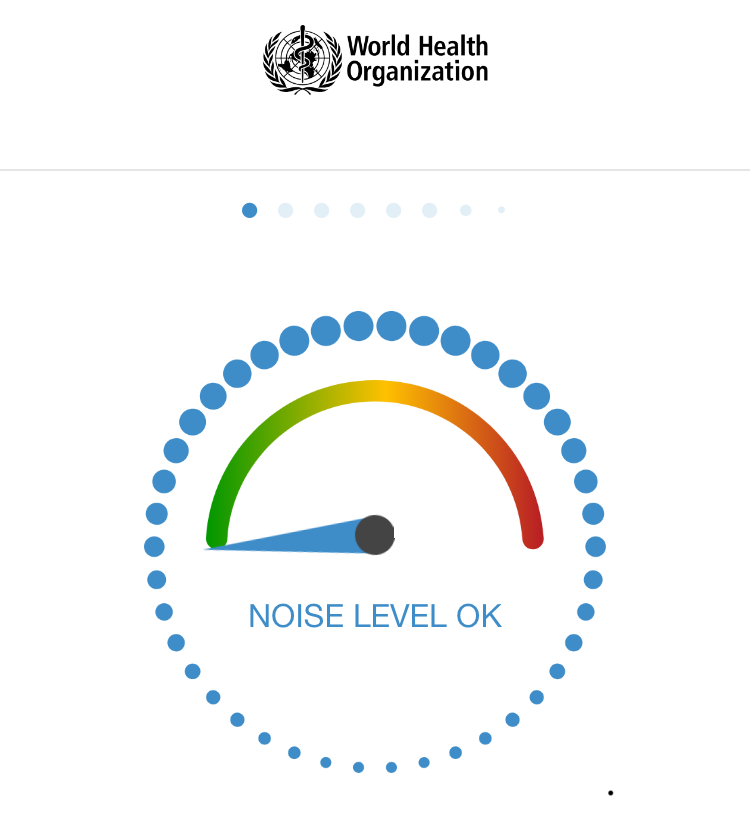 Screenshot of hearWHO sound level meter. Semi circle coloured line shaded from green to orange to red. Blue arrow points at green section of line with text ‘sound level OK’.