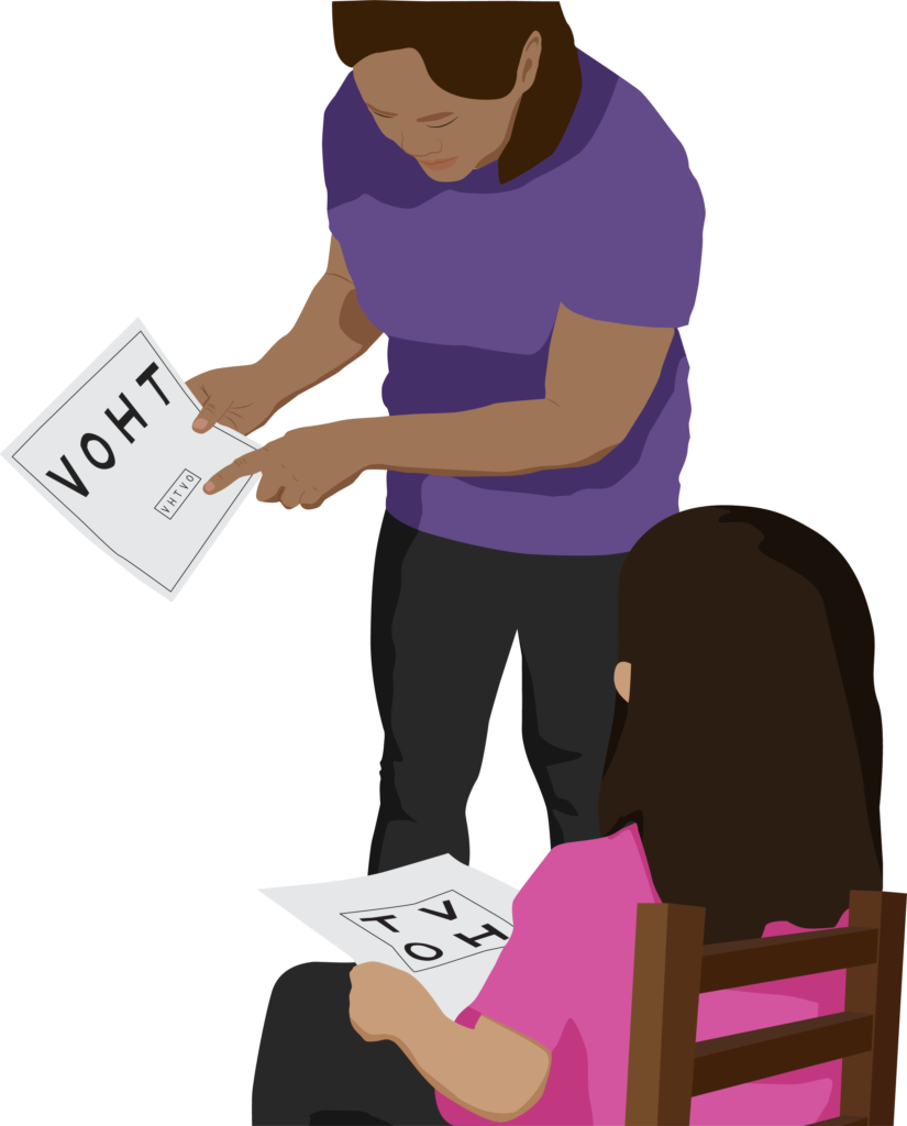 Screener stands close to child holding HOTV chart in one hand and points to a letter. Child sits on chair holding the pointing card flat on their lap.