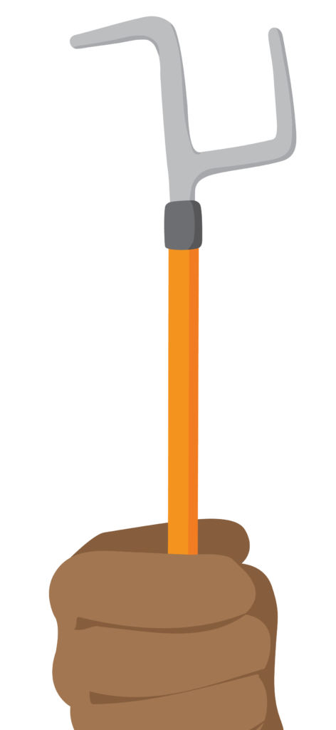 A hand holds a dressing stick with the s shaped hook at the end.