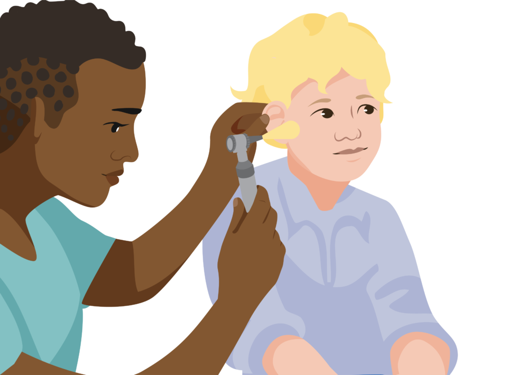 The screener is looking at the outer ear from in front, using the otoscope torch.