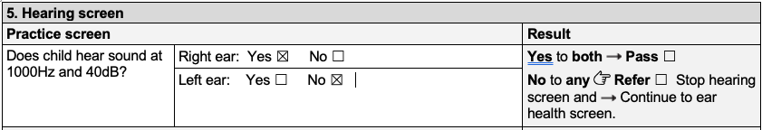Hearing screen practice section of form with yes selected for right ear and no selected for left ear.
