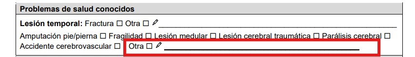 Apartado "Problemas de salud conocidos" del formulario de evaluación: se ha rodeado con un rectángulo la opción "Otra".