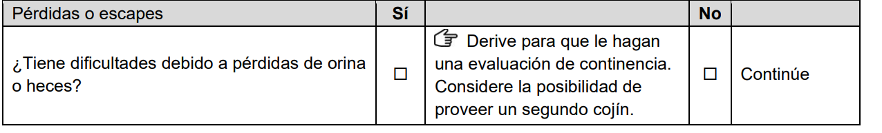 Sección "Pérdidas o escapes" del formulario de evaluación.