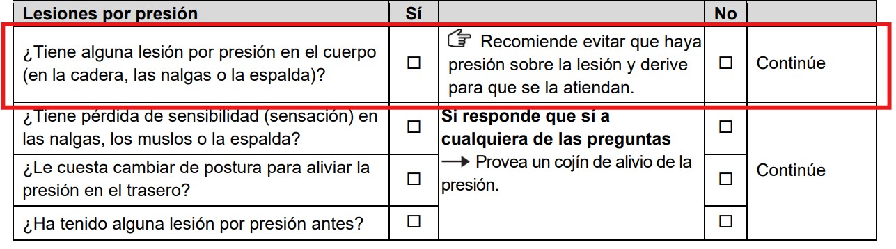 Sección "Lesiones por presión" del formulario de evaluación; la primera pregunta aparece rodeada con un rectángulo.