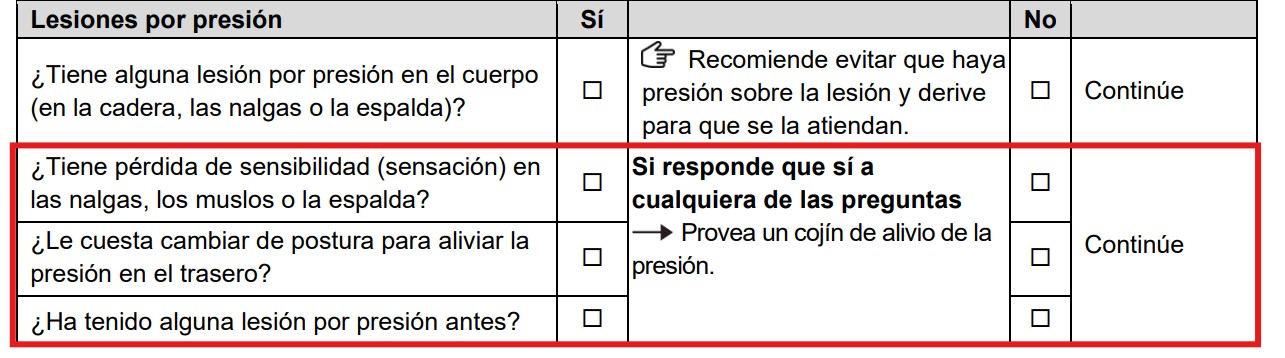 Sección "Lesiones por presión" del formulario de evaluación; las preguntas referidas al riesgo de desarrollar lesiones por presión aparecen rodeadas con un rectángulo.