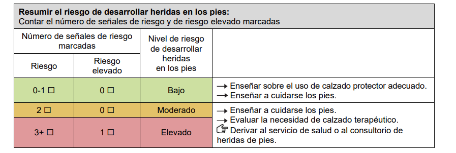 Sección del formulario "Resuma el riesgo de la persona de desarrollar heridas en los pies".
