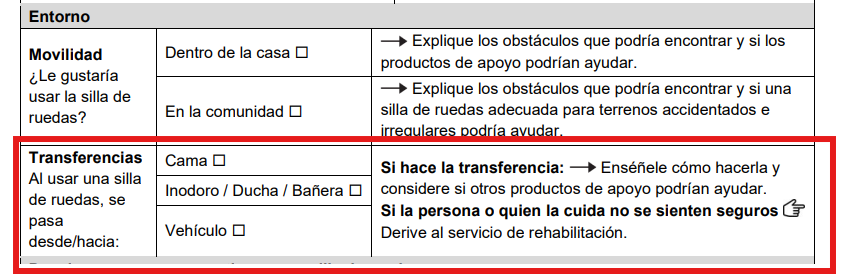 Sección "Transferencias" del formulario de evaluación.