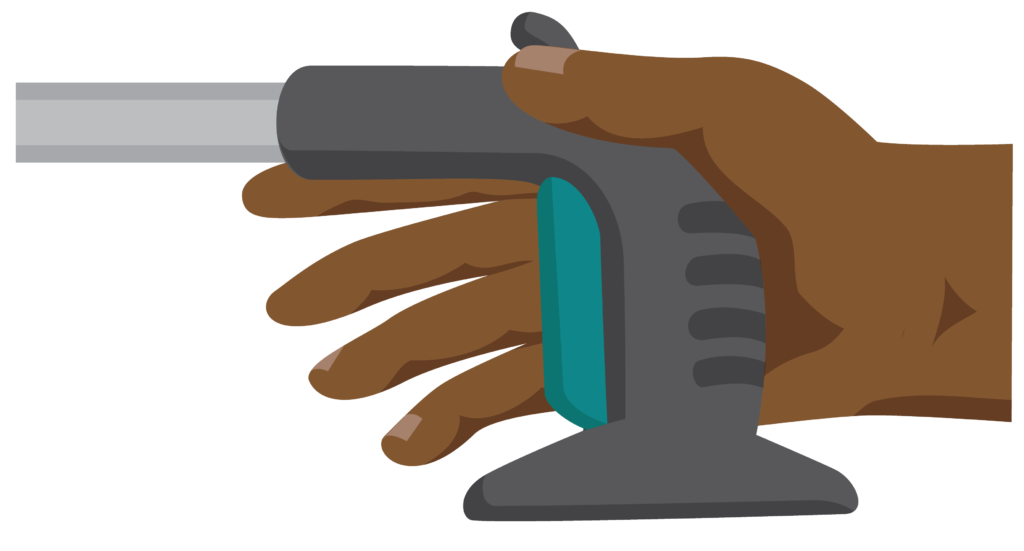 A hand releasing the trigger of a reach and grab tool.