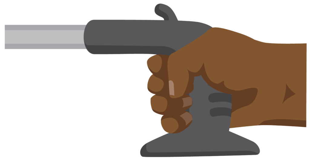 A hand presses the trigger of a reach and grab tool.