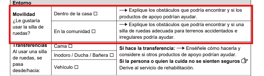 Sección "Movilidad" del formulario de evaluación.