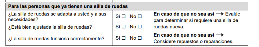 Sección "Para las personas que ya tienen una silla de ruedas" del formulario de evaluación.