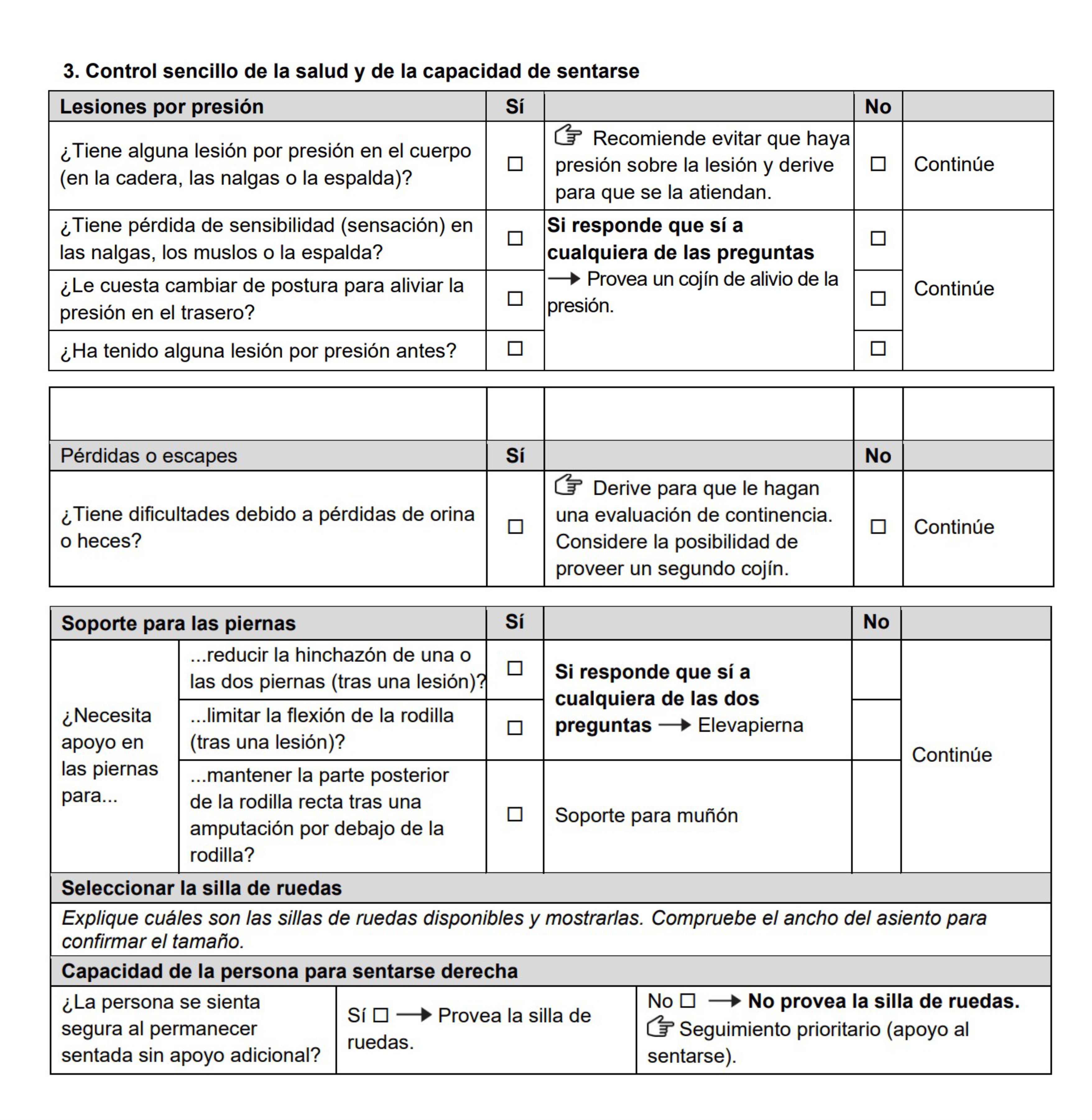 Sección "Control sencillo de la salud y de la capacidad de sentarse" del formulario de evaluación.