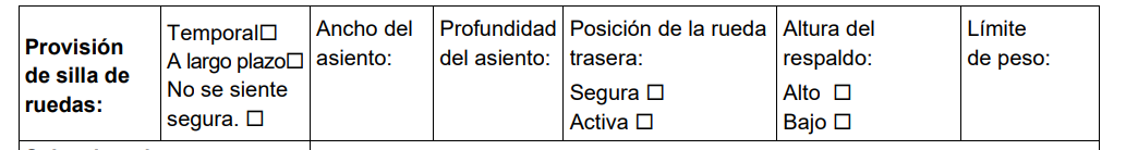 Sección "Provisión de silla de ruedas" del formulario de evaluación.