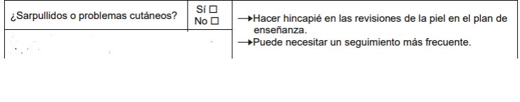 Sección del formulario de evaluación sobre erupciones o problemas cutáneos