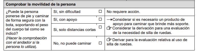 Sección del formulario sobre cómo comprobar la movilidad de la persona