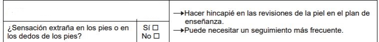 Sección del formulario de evaluación sobre sensaciones inusuales en los pies o en los dedos de los pies