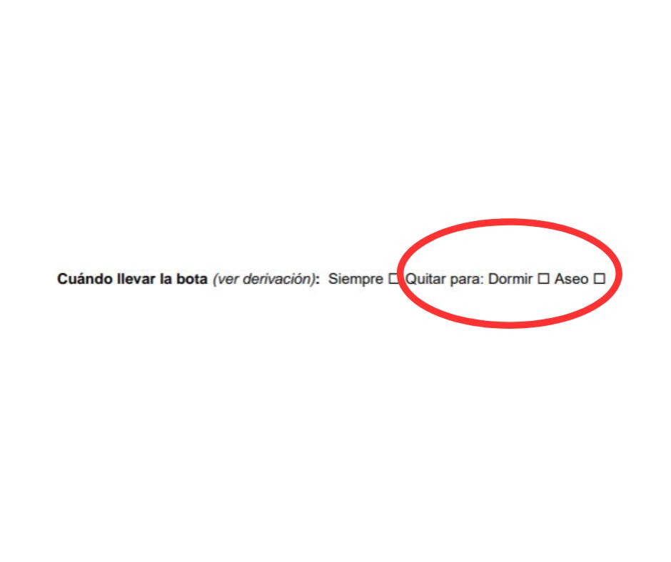 Sección del formulario de evaluación sobre cuándo utilizarla con "dormir" y "asearse" marcadas con un círculo