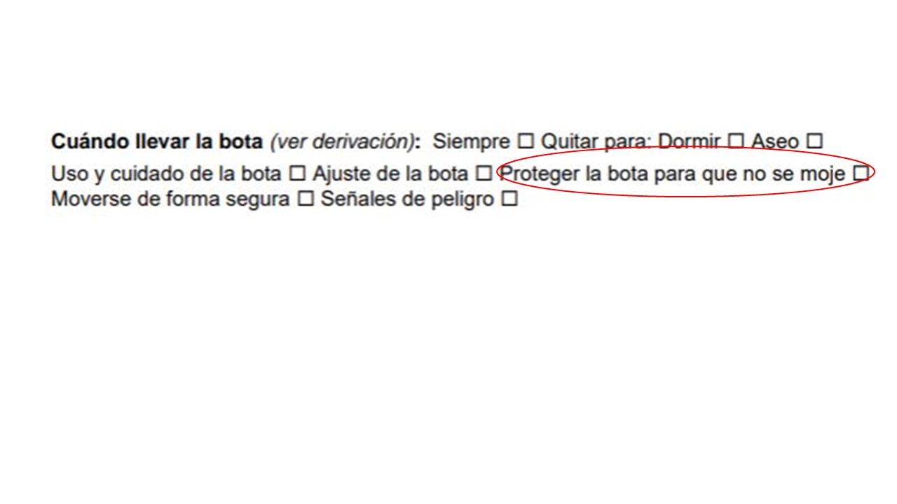 Otros aspectos que hay que enseñar, como parte del formulario de evaluación la frase «Evitar que el RRB se moje» marcada con un círculo.