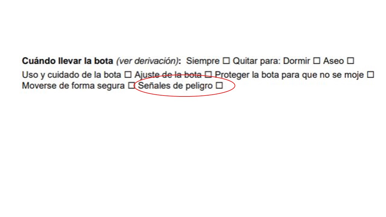 Sección del formulario de evaluación con la parte de "Señales de alarma" marcada con un círculo