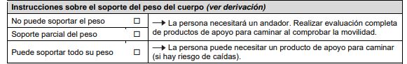 Sección del formulario de evaluación sobre las instrucciones para cargar peso