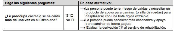 Sección de riesgo de caídas del formulario de evaluación