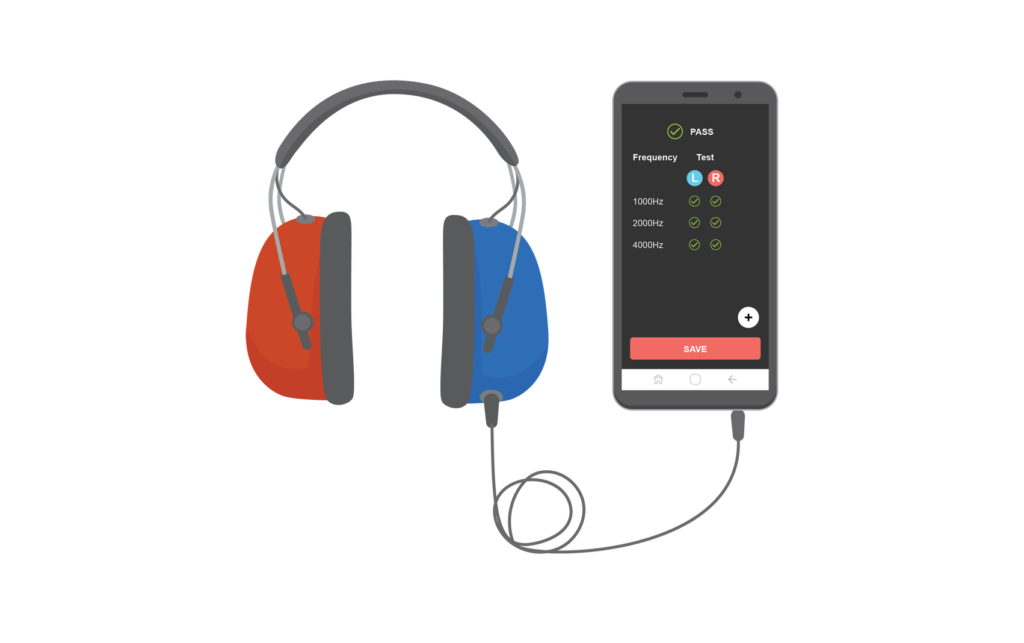 An audiometer app on smartphone with headphones attached. One headphone is red for the right ear, and one is blue for the left ear.