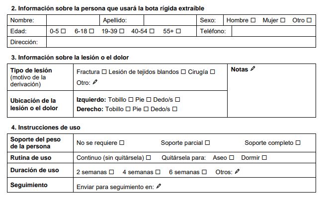 Parte del formulario derivación rellenado para Mario Victor. Es un hombre mayor de 55 años, su número de teléfono es 123456789 y su domicilio es 3 Hap Way. Tiene una lesión en el tobillo derecho de tejidos blandos y una intervención quirúrgica. Puede cargar todo el peso en la pierna y quitarse la bota rígida extraíble para asearse y dormir. No consta la duración del uso ni la fecha de control .