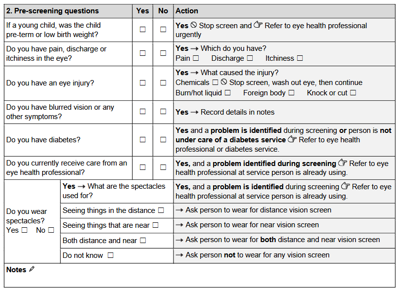 Pre-screening questions section of PEC Screen form.