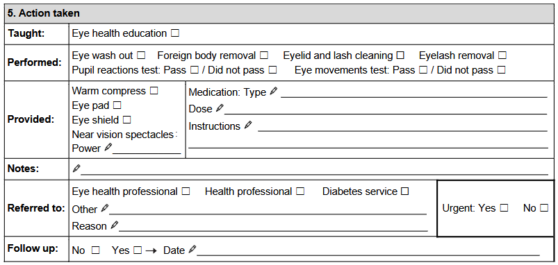 Action taken section of PEC Screen form.